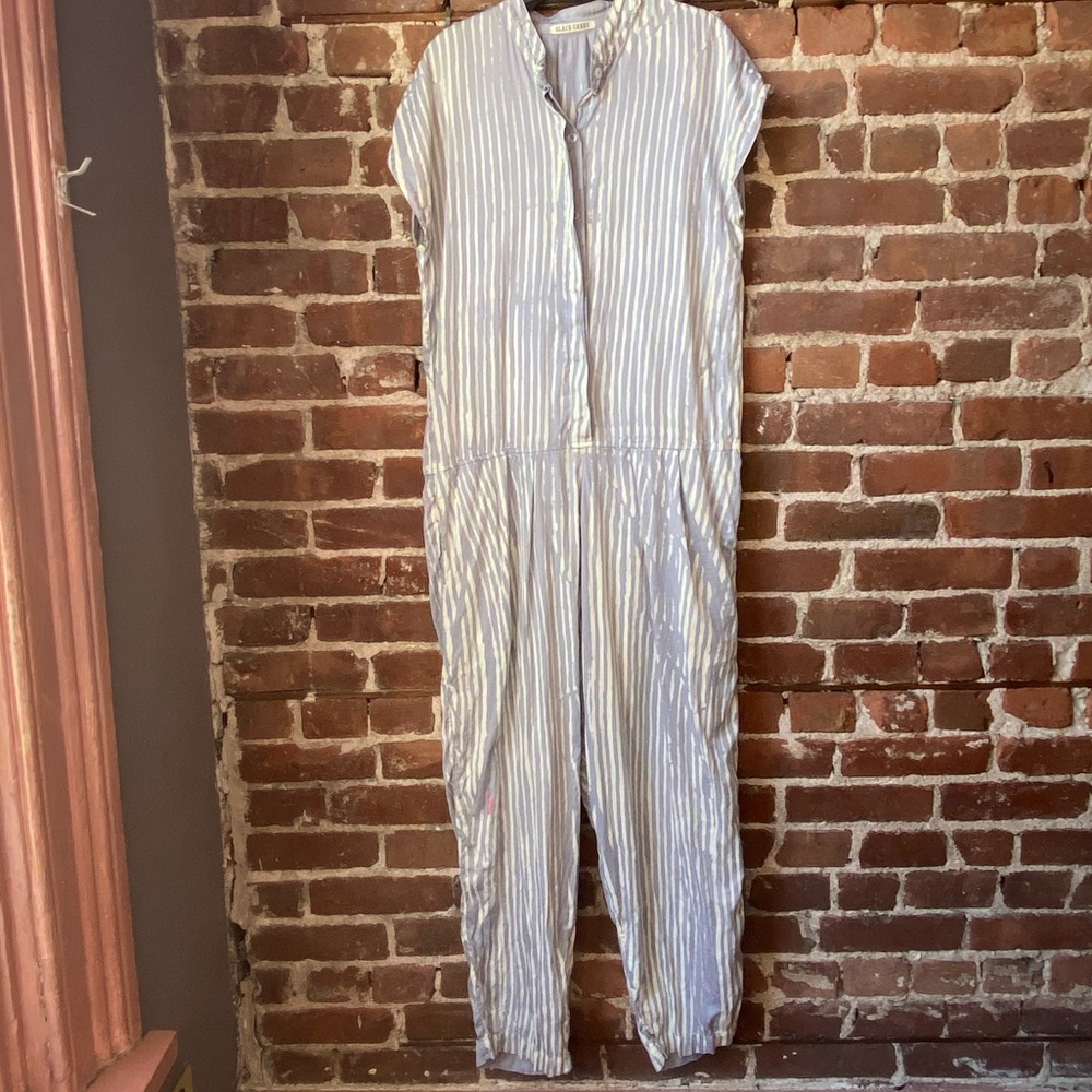 Black Crane cotton jumpsuit. Light blue/grey stripe. Great piece!